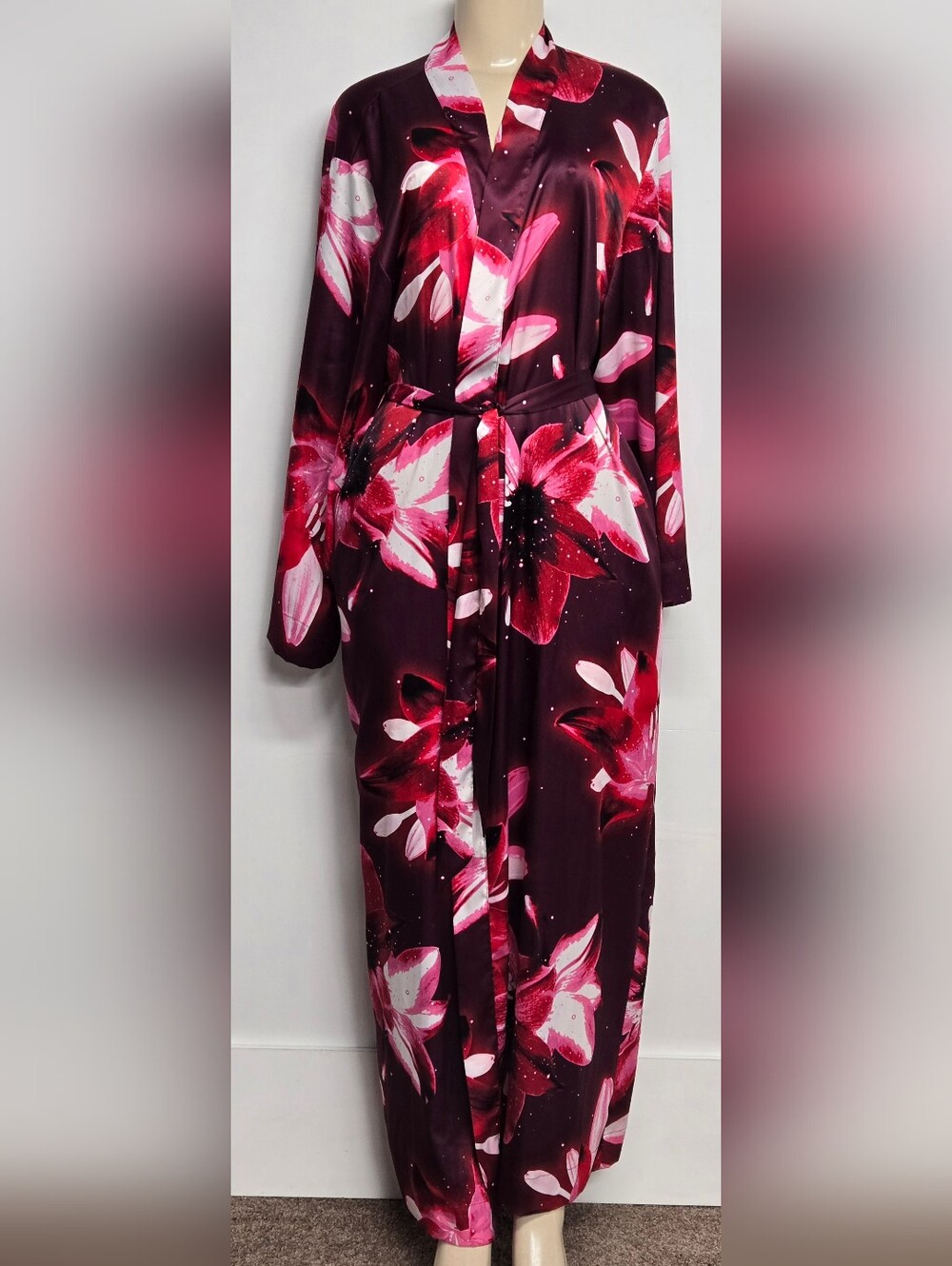 Victoria's Secret M / L Full Length Satin Wrap Robe Belted Bold Colors Floral